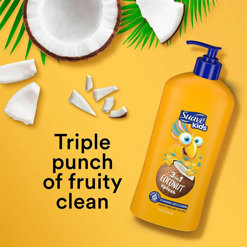 Suave Kids 3in1 Shampoo + Conditioner + Body Wash Coconut Splash, 532ml Pump Bottle