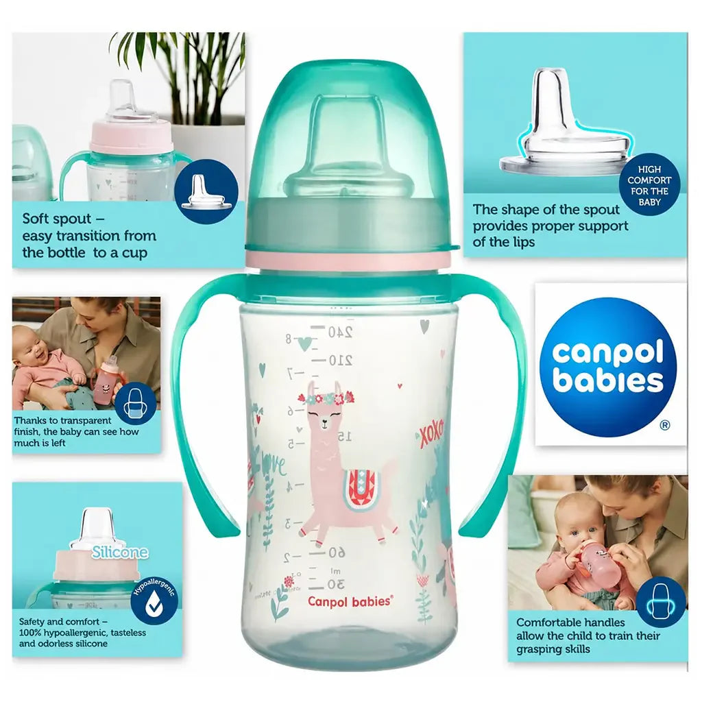 baby using Canpol training cup with handles easy grip baby feeding cup 6 months